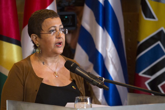 Venezuela's National Election Council President Tibisay Lucena talks to the media during a signing ceremony at the National Election Council in Caracas