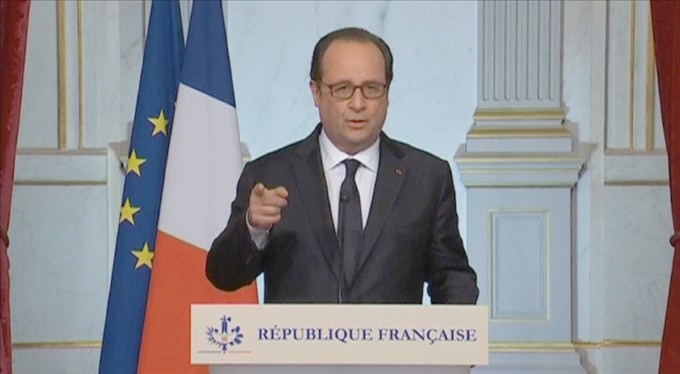 Still image from video shows French President Francois Hollande giving a statement following the attack in Nice, during a national television address in Paris