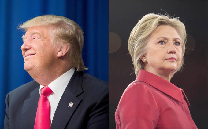 In a two photo combination,  Republican presidential hopeful Donald Trump in Iowa on Jan. 30, 2016, and Democratic presidential hopeful Hillary Clinton in Washington on March 21, 2016.