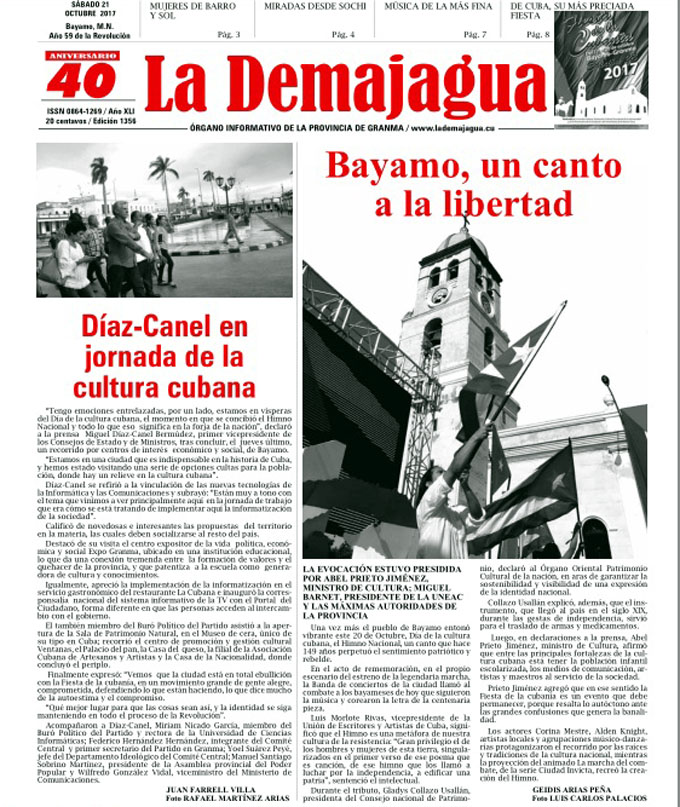 Edición impresa 1356 del semanario La Demajagua, sábado 21 de octubre de 2017, Edición impresa 1356 del semanario La Demajagua, sábado 21 de octubre de 2017,