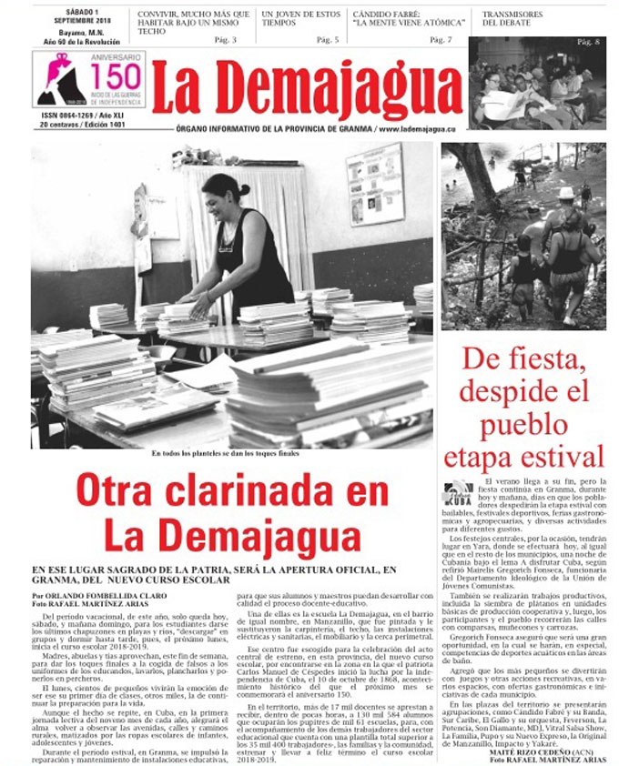 Edición impresa 1401 del semanario La Demajagua, sábado 1 de septiembre 2018 Edición impresa 1401 del semanario La Demajagua, sábado 1 de septiembre 2018
