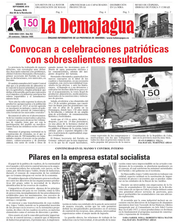 Edición impresa 1405, del semanario La Demajagua, sábado 29 de septiembre 2018 Edición impresa 1405, del semanario La Demajagua, sábado 29 de septiembre 2018