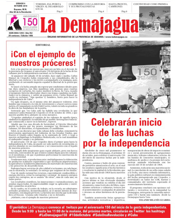 Edición impresa 1406, del semanario La Demajagua, sábado 6 de octubre de 2018 Edición impresa 1406, del semanario La Demajagua, sábado 6 de octubre de 2018