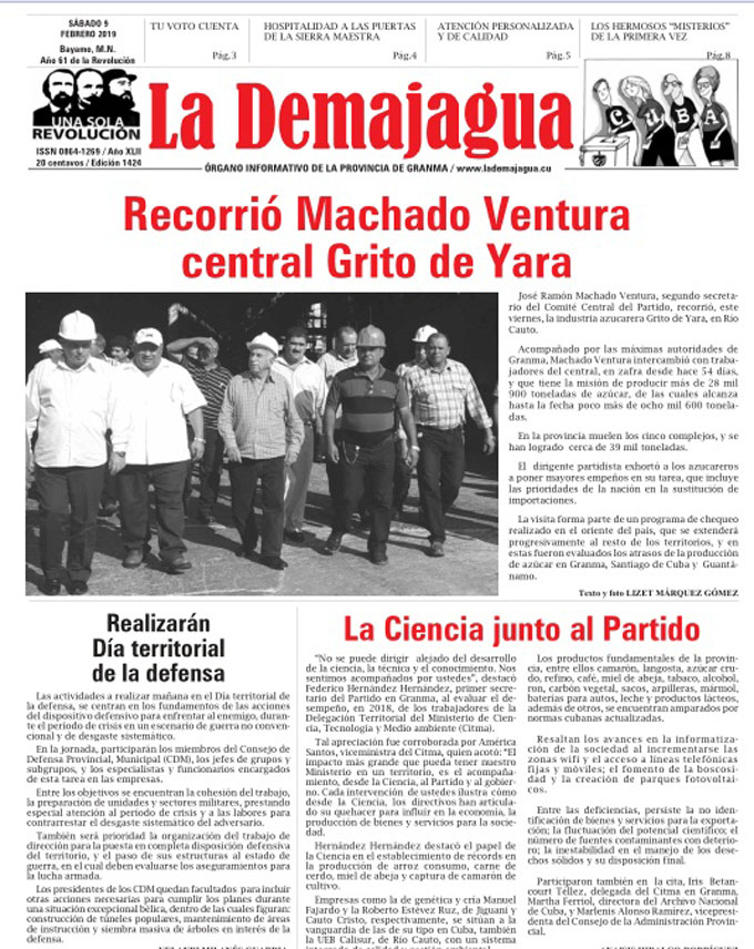 Edición impresa 1424, del semanario La Demajagua, sábado 9 de febrero 2019 Edición impresa 1424, del semanario La Demajagua, sábado 9 de febrero 2019