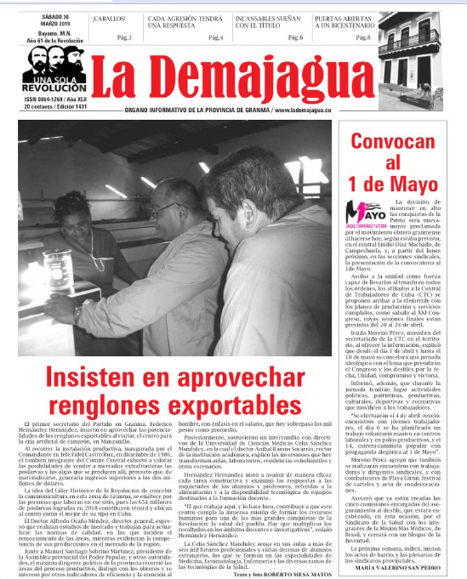 Edición impresa 1431, del semanario La Demajagua, sábado 30 de marzo 2019 Edición impresa 1431, del semanario La Demajagua, sábado 30 de marzo 2019