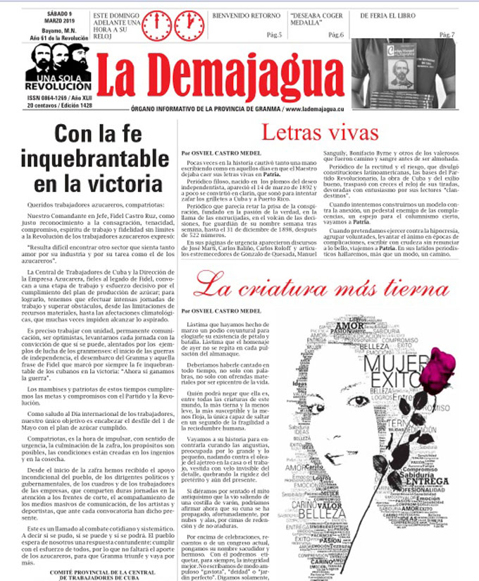 Edición impresa 1428, del semanario La Demajagua, sábado 9 de marzo 2019 Edición impresa 1428, del semanario La Demajagua, sábado 9 de marzo 2019