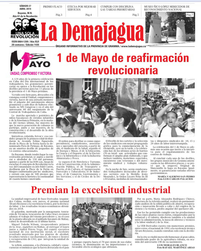 Edición impresa 1435, del semanario La Demajagua, sábado 27 de abril 2019 Edición impresa 1435, del semanario La Demajagua, sábado 27 de abril 2019