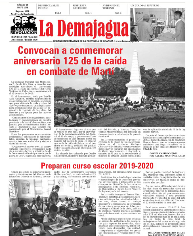 La edición impresa 1439, del semanario La Demajagua, sábado 25 de mayo 2019 La edición impresa 1439, del semanario La Demajagua, sábado 25 de mayo 2019