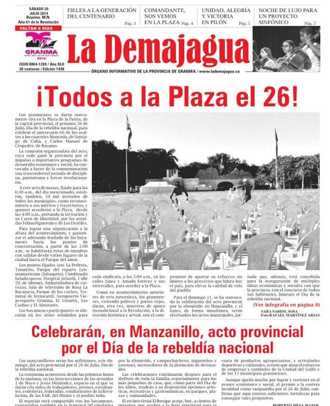 Edición impresa 1448, del semanario La Demajagua, sábado 20 de julio 2019 Edición impresa 1448, del semanario La Demajagua, sábado 20 de julio 2019