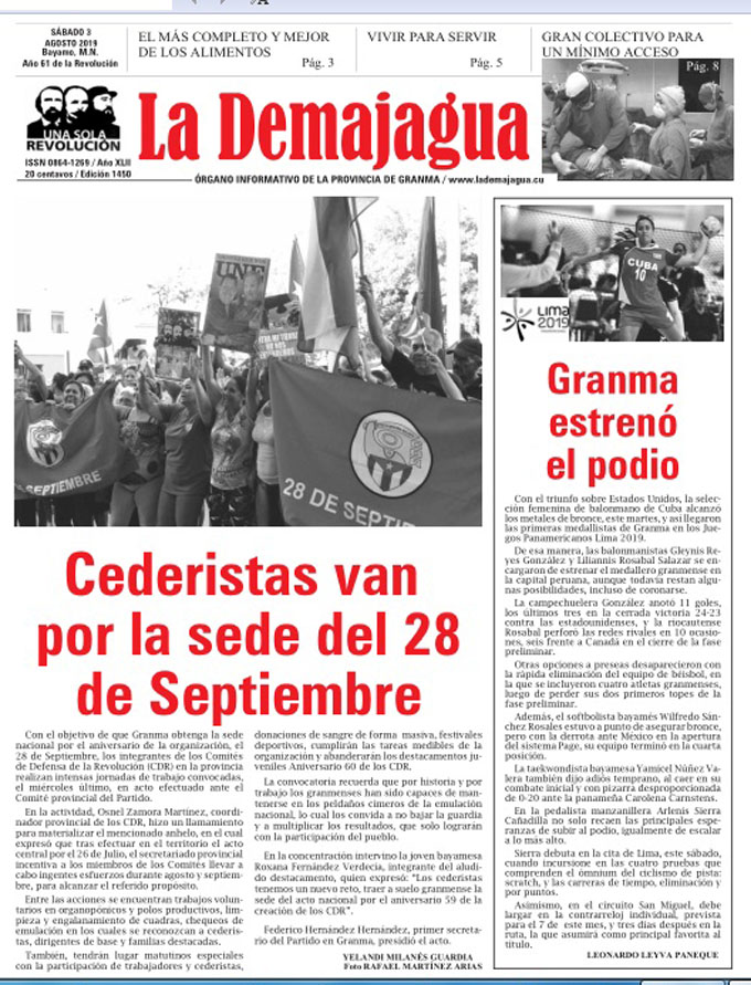 Edición impresa 1450, del semanario La Demajagua, sábado 3 de agosto de 2019 Edición impresa 1450, del semanario La Demajagua, sábado 3 de agosto de 2019