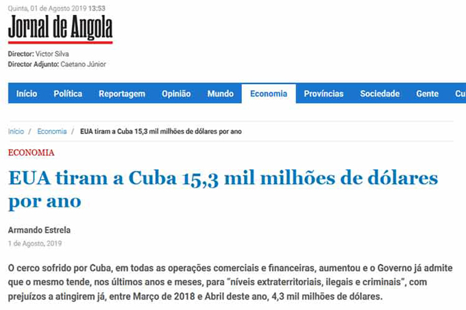 Diario angoleño denuncia daños del bloqueo estadounidense a Cuba Diario angoleño denuncia daños del bloqueo estadounidense a Cuba