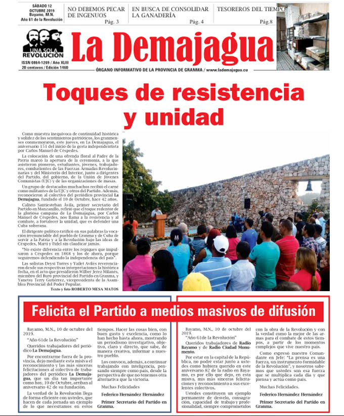Edición impresa 1460 del semanario La Demajagua, sábado 12 de octubre de 2019 Edición impresa 1460 del semanario La Demajagua, sábado 12 de octubre de 2019