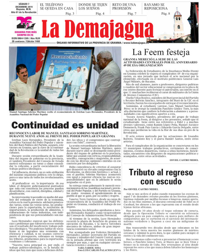 Edición impresa 1468, del semanario La Demajagua, sábado 7 de diciembre de 2019 Edición impresa 1468, del semanario La Demajagua, sábado 7 de diciembre de 2019