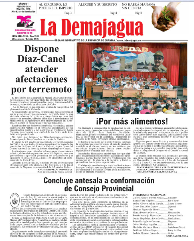 Edición impresa 1476 del semanario La Demajagua, sábado 1 de febrero de 2020 Edición impresa 1476 del semanario La Demajagua, sábado 1 de febrero de 2020