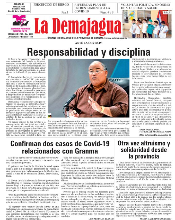 Edición impresa 1483 del semanario La Demajagua, sábado 21 de marzo de 2020 Edición impresa 1483 del semanario La Demajagua, sábado 21 de marzo de 2020