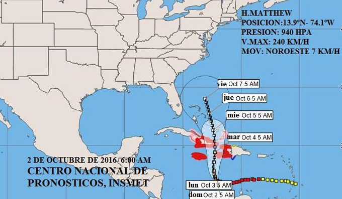 Huracán Matthew continúa lentamente rumbo al noroeste hacia Cuba  (Aviso Nro 17, 6:00 am)