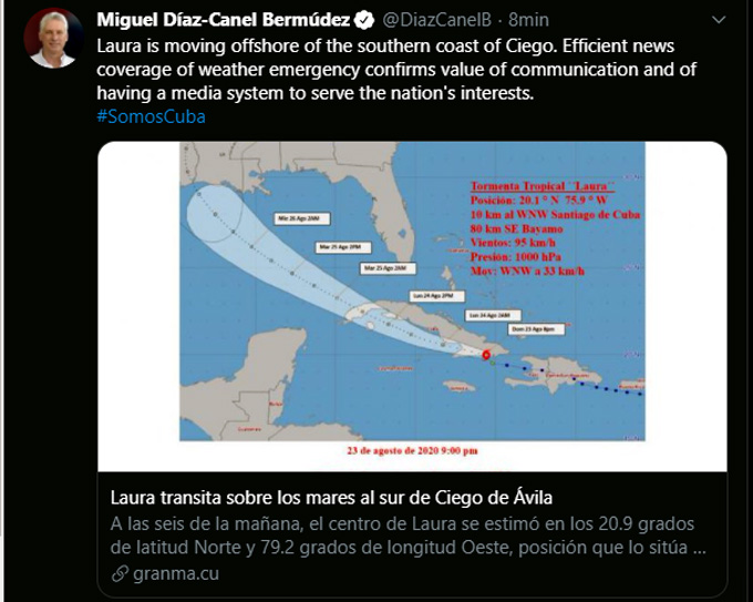 Presidente de Cuba exhorta a unidad y talento frente a tormenta Laura Presidente de Cuba exhorta a unidad y talento frente a tormenta Laura