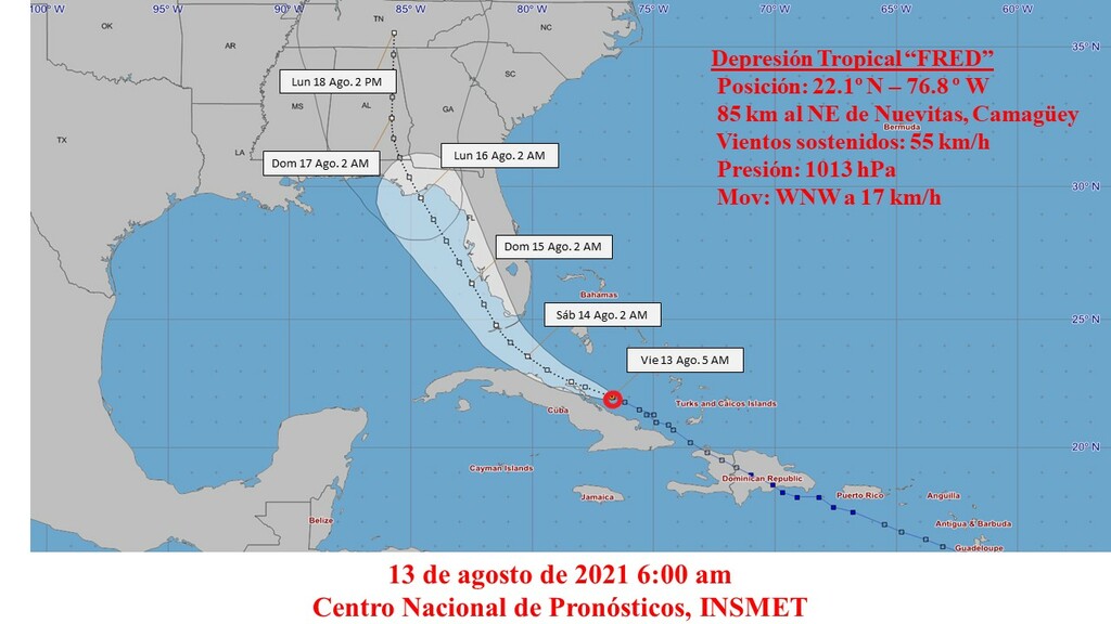 Depresión tropical Fred moviéndose por los mares al norte de Las Tunas