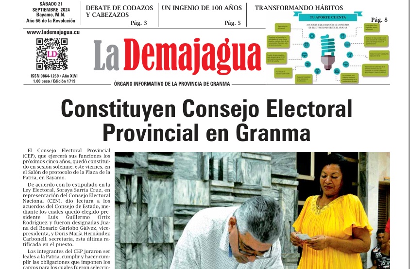 Edición impresa 1719 del semanario La Demajagua, sábado 21 de septiembre de 2024 Edición impresa 1719 del semanario La Demajagua, sábado 21 de septiembre de 2024
