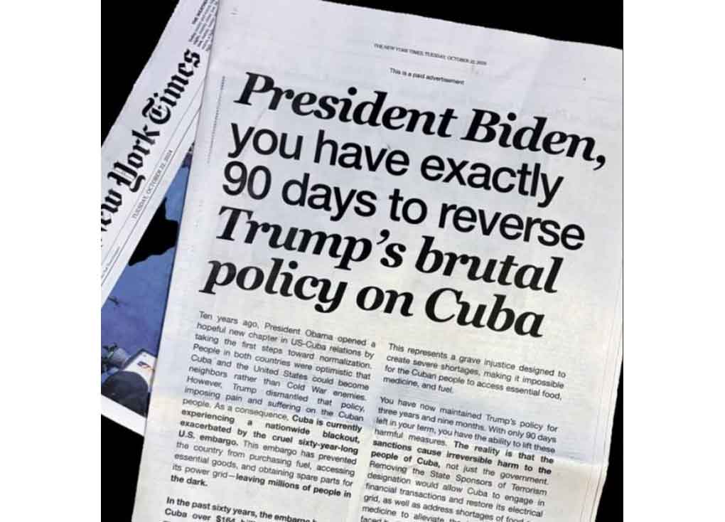 Carta a Biden en TNY Times exige revertir brutal política hacia Cuba (+Post) Carta a Biden en TNY Times exige revertir brutal política hacia Cuba (+Post)