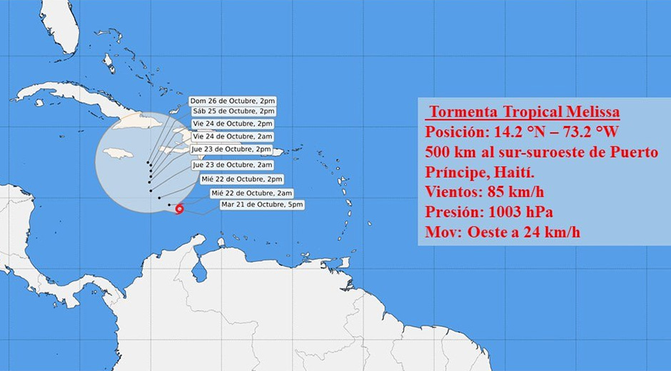Aviso de ciclón tropical No. 2: Tormenta tropical Melissa con poco cambio en el mar Caribe