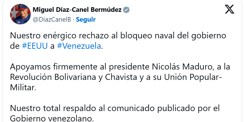 Cuba condena el bloqueo naval de Estados Unidos a Venezuela