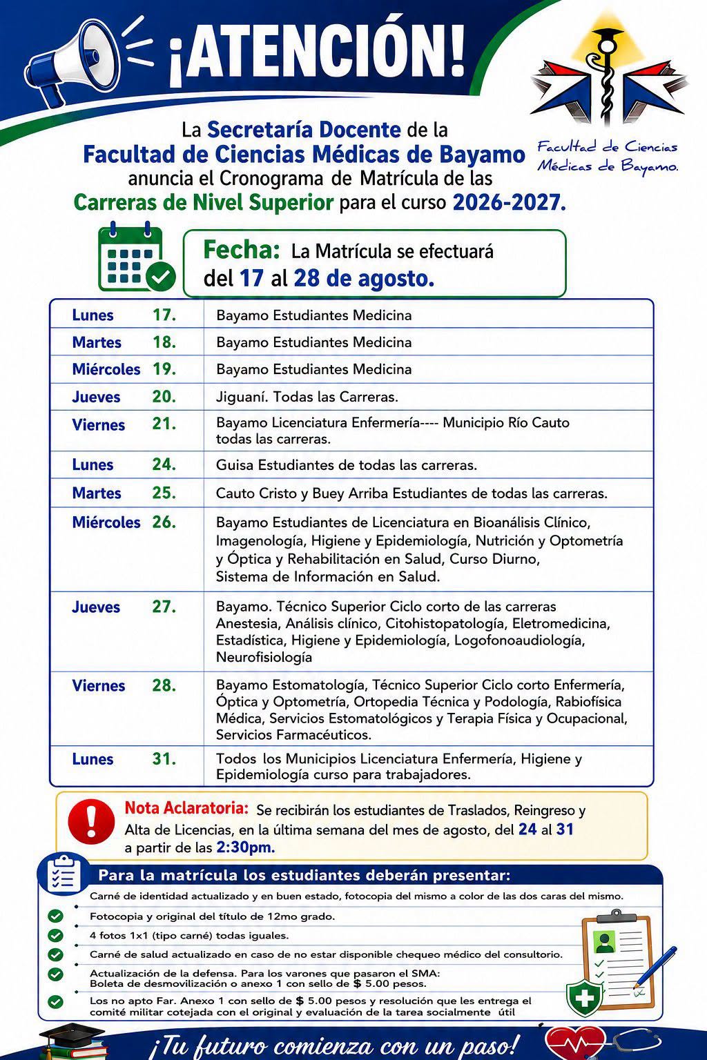 Iniciará en Granma matrícula a las carreras médicas del 17 al 28 de agosto